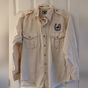 Vintage-Inspired Bear Back Utility Shirt – Unique Patch Detail – Size L